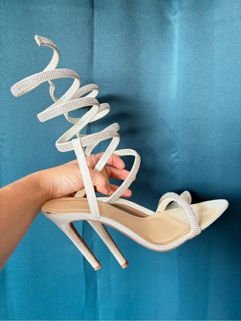 Rhinestone Spiral Wrap Stiletto Heels in Ivory